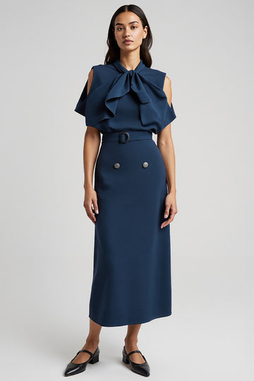 Dark Blue Sheath Ruffled Work Dress